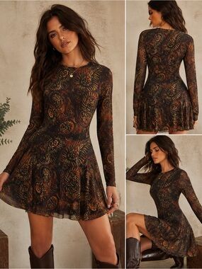 ZARA Printed Mesh Long Sleeve Fit & Flare Mini Dress Size S
